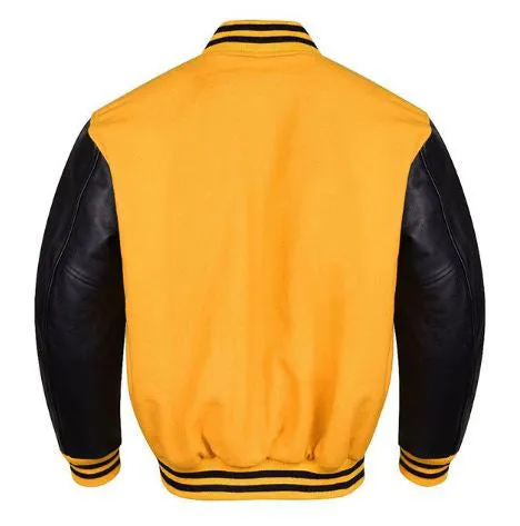 Spine Spark Yellow Wool Varsity Jacket Black Leather Sleeves