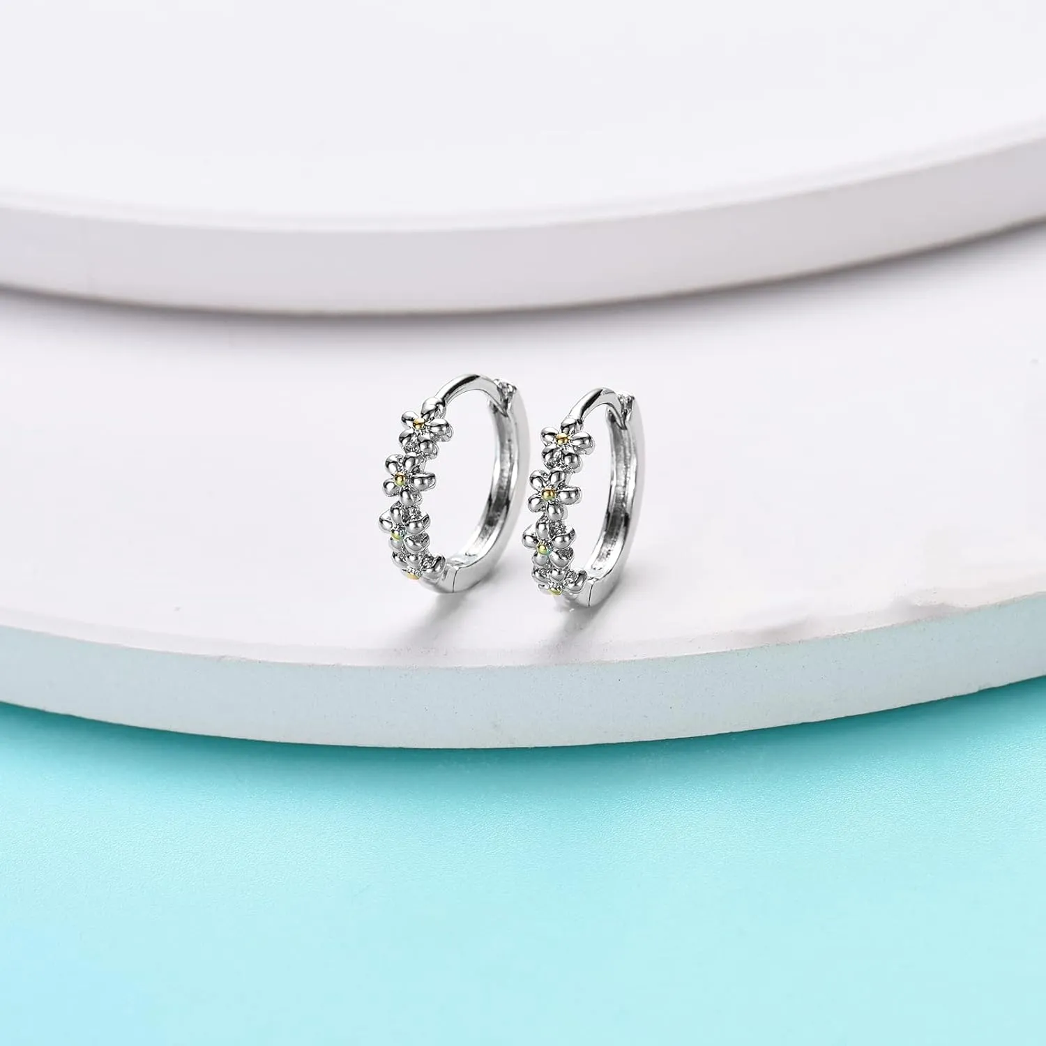 Sterling Silver Hoop Earrings for Women, Dainty Small Huggie Hoop Earrings | Hypoallergenic Daisy Color Cubic Zirconia Flower Hoops Earring Jewellery Gifts for Ladies Birthday Wedding, 12mm Hoop