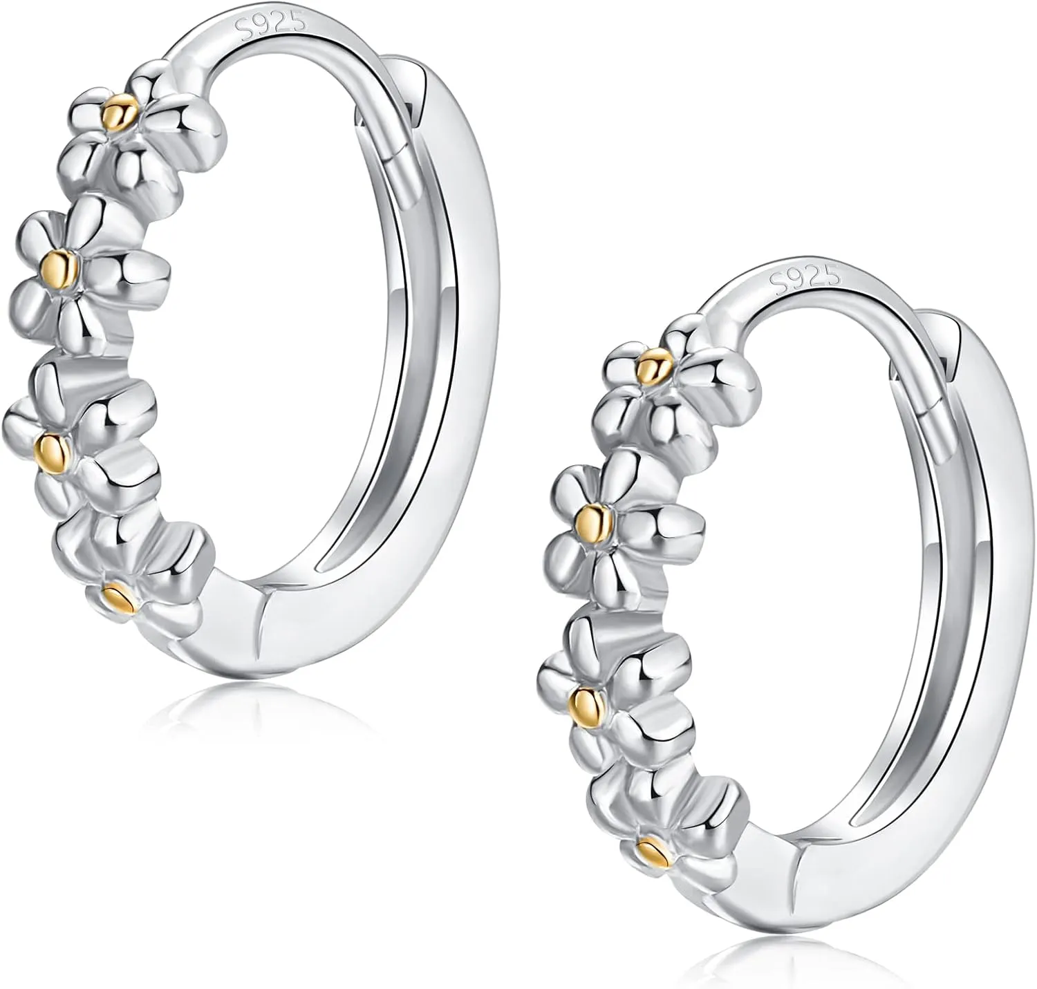 Sterling Silver Hoop Earrings for Women, Dainty Small Huggie Hoop Earrings | Hypoallergenic Daisy Color Cubic Zirconia Flower Hoops Earring Jewellery Gifts for Ladies Birthday Wedding, 12mm Hoop