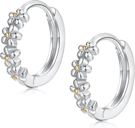 Sterling Silver Hoop Earrings for Women, Dainty Small Huggie Hoop Earrings | Hypoallergenic Daisy Color Cubic Zirconia Flower Hoops Earring Jewellery Gifts for Ladies Birthday Wedding, 12mm Hoop