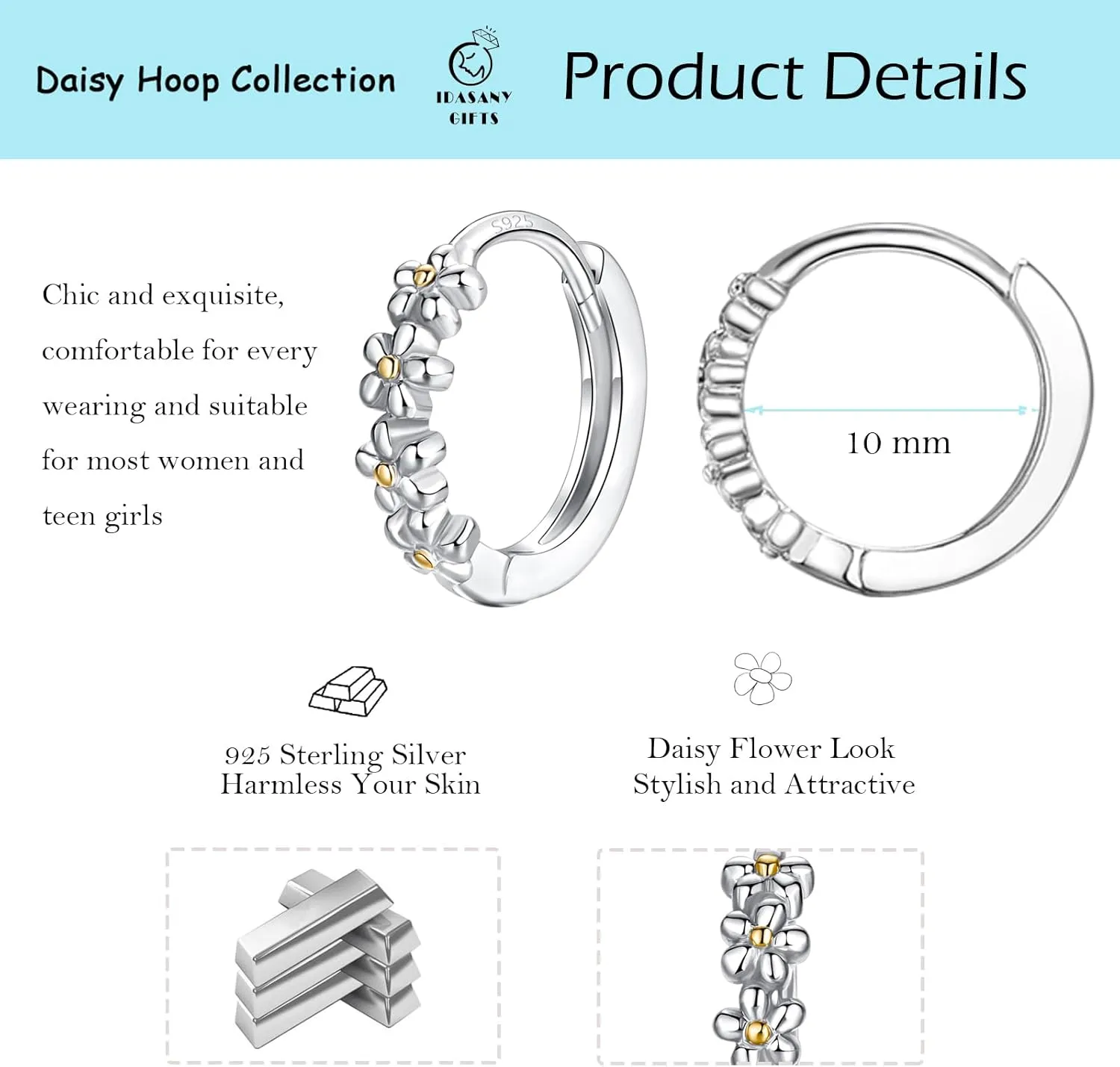Sterling Silver Hoop Earrings for Women, Dainty Small Huggie Hoop Earrings | Hypoallergenic Daisy Color Cubic Zirconia Flower Hoops Earring Jewellery Gifts for Ladies Birthday Wedding, 12mm Hoop