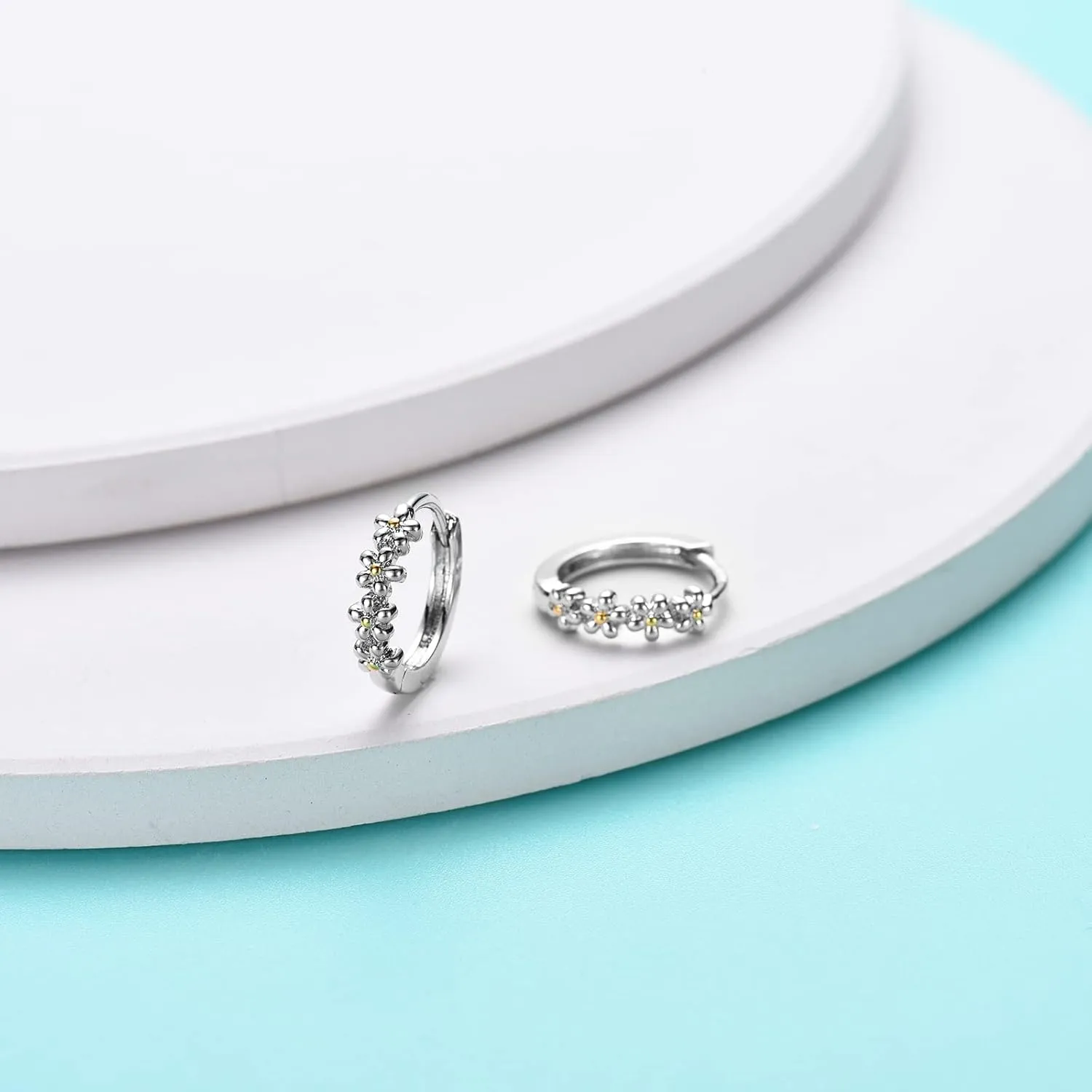 Sterling Silver Hoop Earrings for Women, Dainty Small Huggie Hoop Earrings | Hypoallergenic Daisy Color Cubic Zirconia Flower Hoops Earring Jewellery Gifts for Ladies Birthday Wedding, 12mm Hoop
