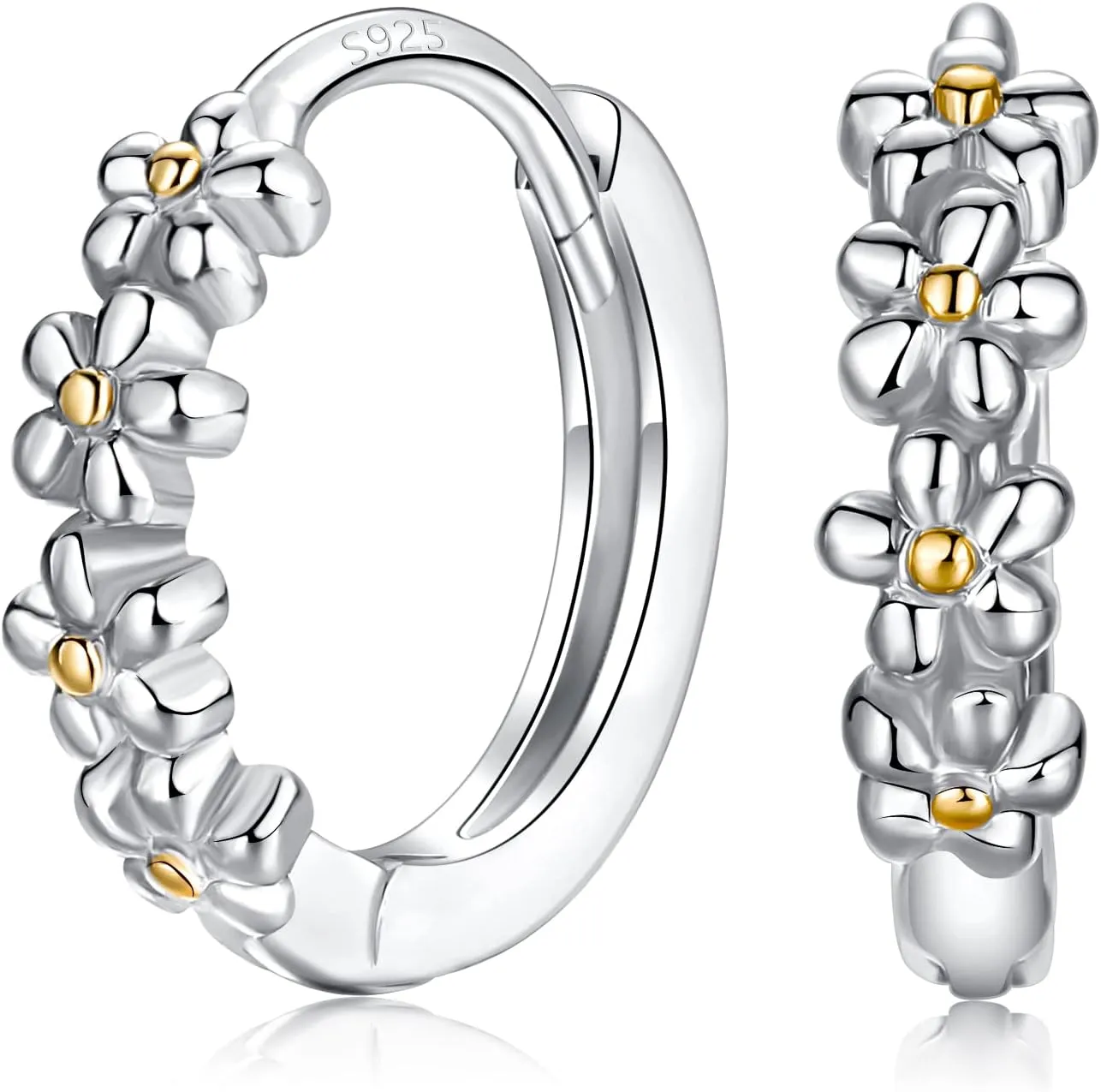 Sterling Silver Hoop Earrings for Women, Dainty Small Huggie Hoop Earrings | Hypoallergenic Daisy Color Cubic Zirconia Flower Hoops Earring Jewellery Gifts for Ladies Birthday Wedding, 12mm Hoop