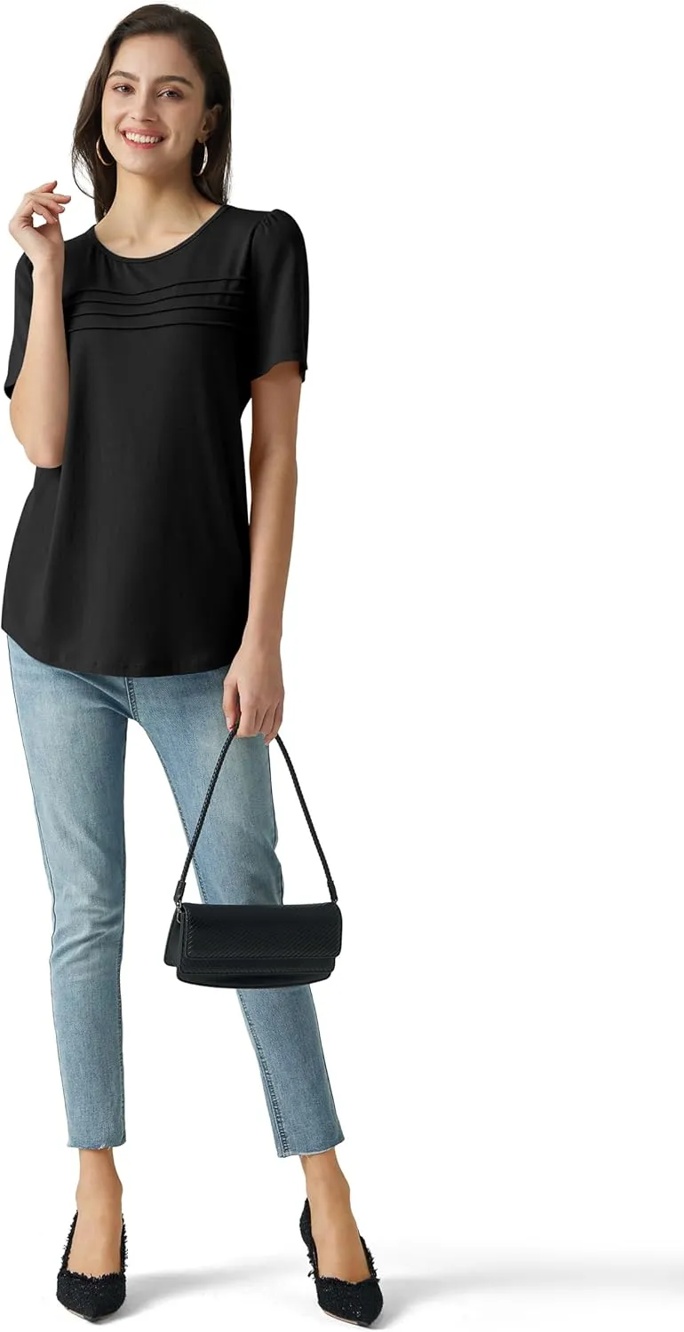 Summer Tops for Women 2025 Dressy Casual Short Puff Sleeve T Shirts Trendy Pleated Front Crew Neck