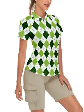 White and Green Checkerboard Short-sleeve Golf Polo for Women