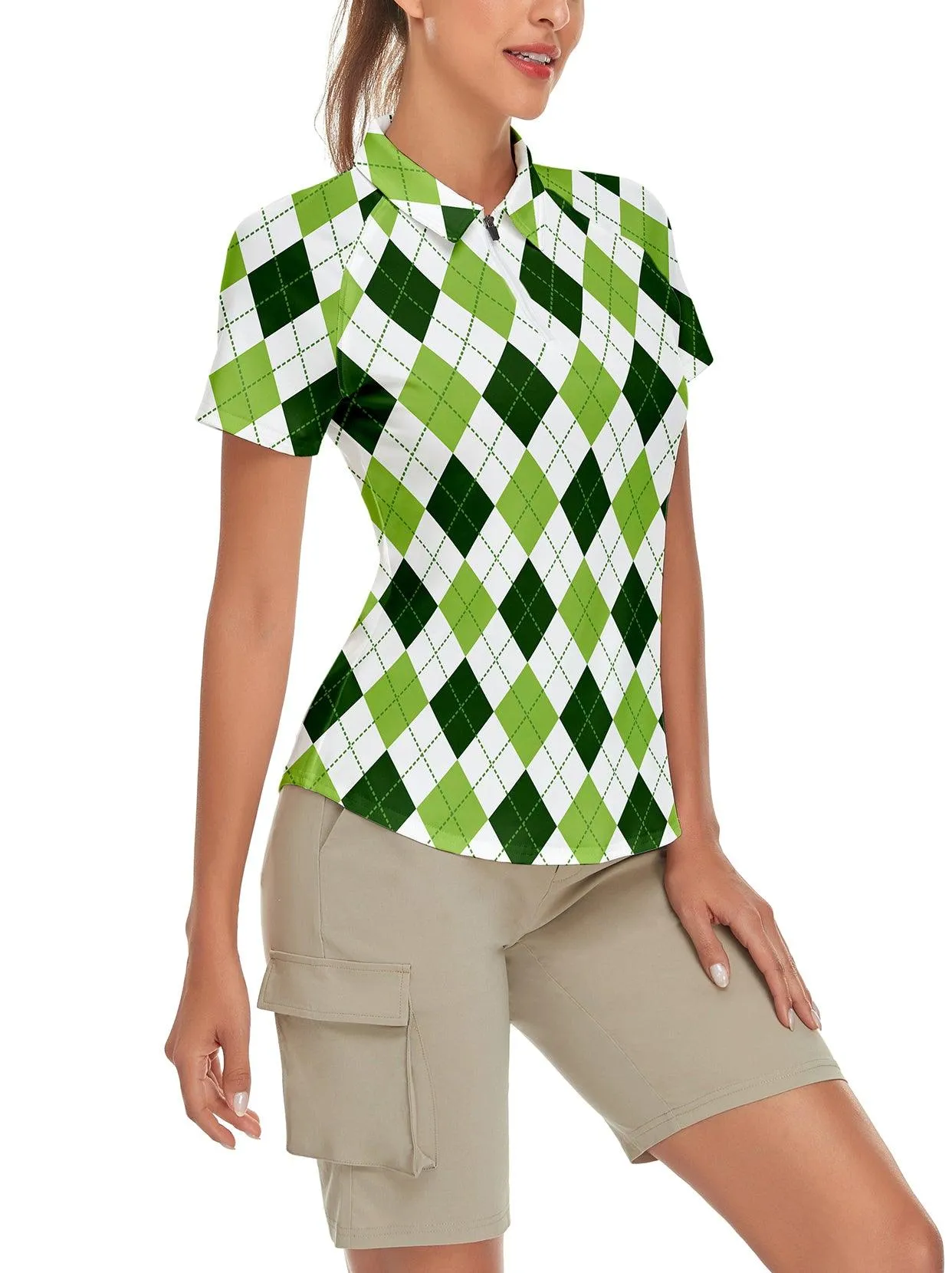 White and Green Checkerboard Short-sleeve Golf Polo for Women