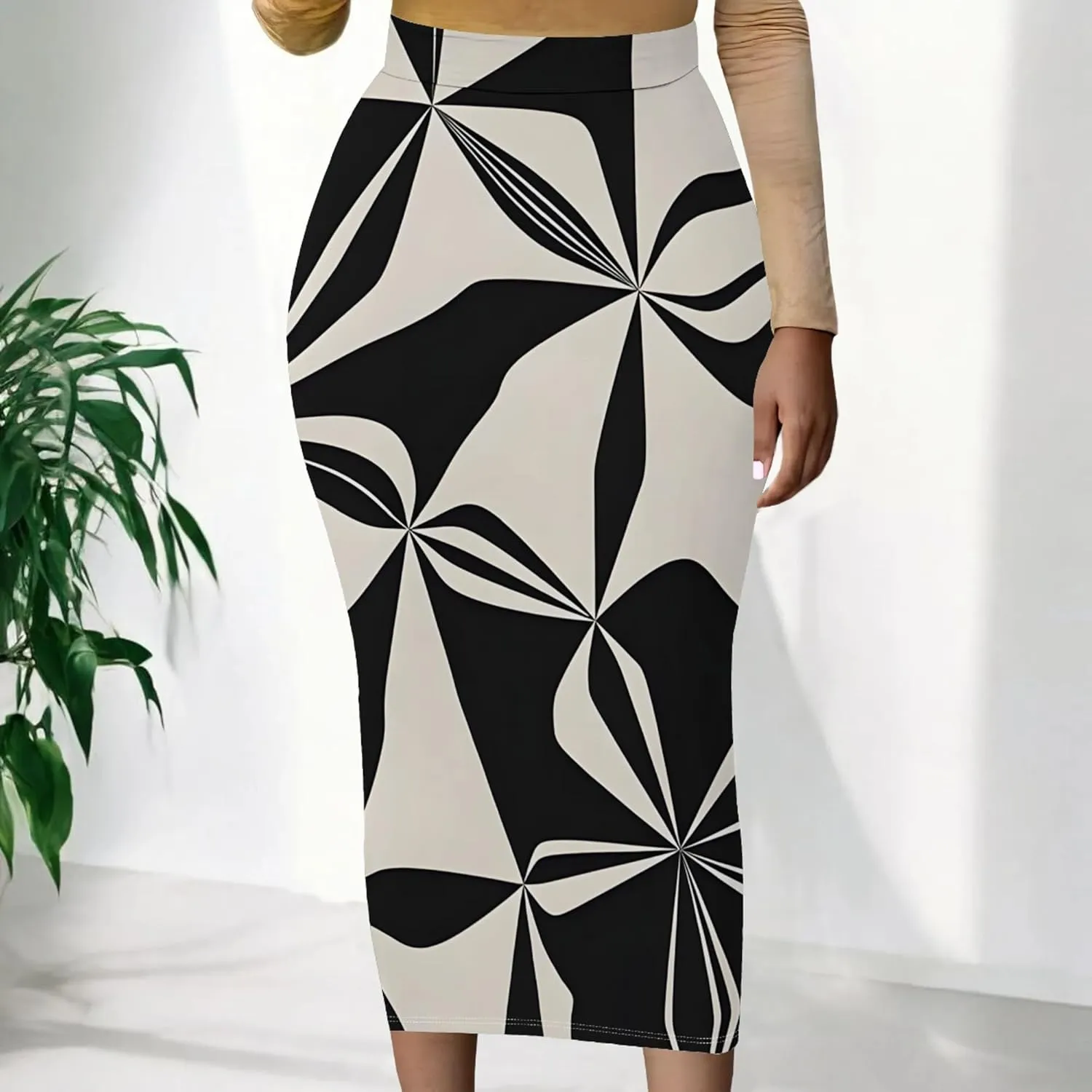 Women Bodycon Vintage Print Midi Skirt High Waist Sexy Pencil Skirt