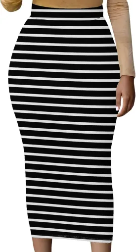 Women Bodycon Vintage Print Midi Skirt High Waist Sexy Pencil Skirt