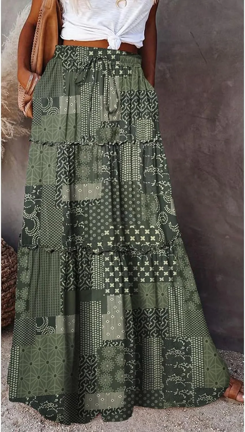 Women Boho Floral Print Maxi Skirt Summer High Waisted Tiered Long Skirts Flowy Ruffle Beach Vacation Maxi Skirts 2025