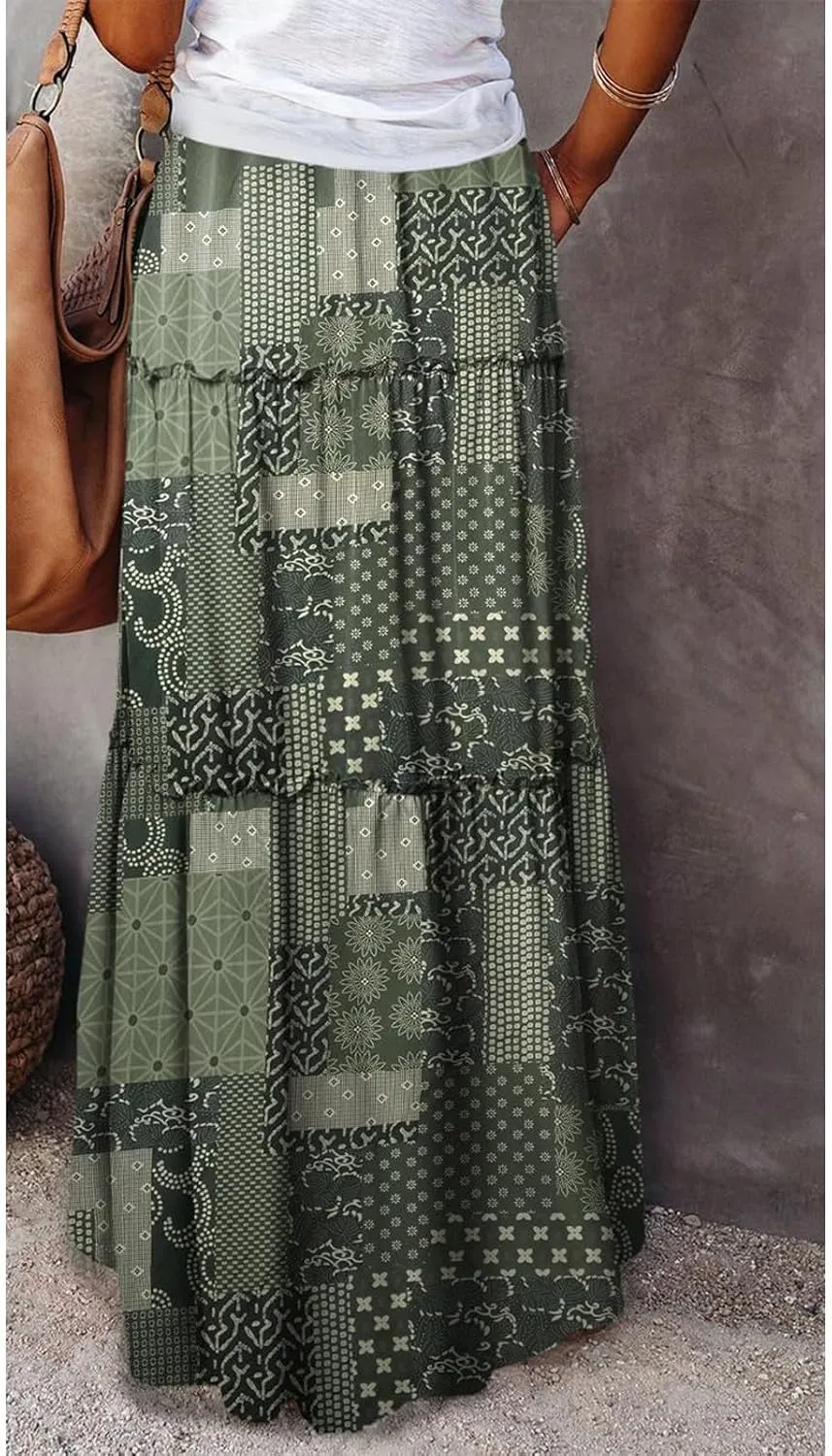 Women Boho Floral Print Maxi Skirt Summer High Waisted Tiered Long Skirts Flowy Ruffle Beach Vacation Maxi Skirts 2025
