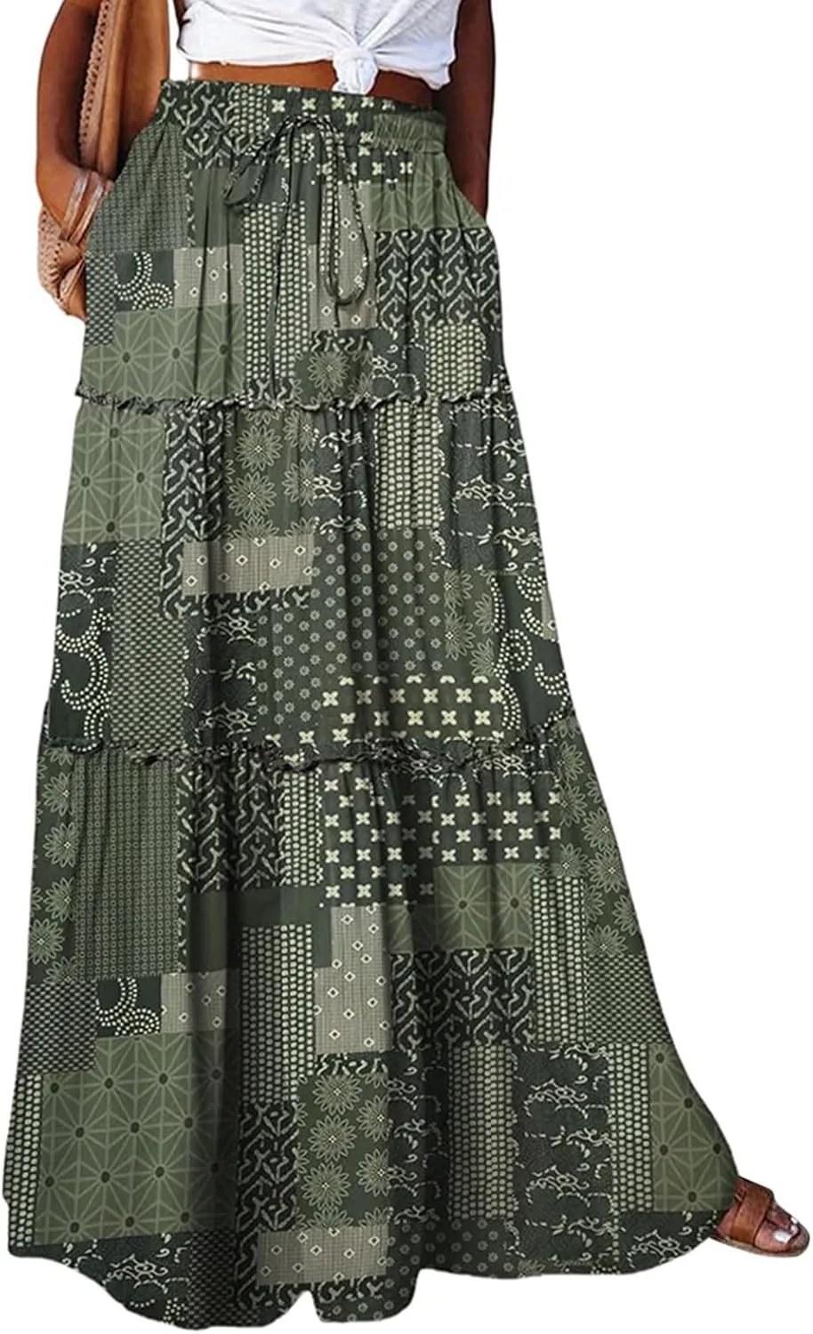 Women Boho Floral Print Maxi Skirt Summer High Waisted Tiered Long Skirts Flowy Ruffle Beach Vacation Maxi Skirts 2025