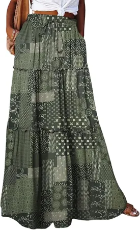Women Boho Floral Print Maxi Skirt Summer High Waisted Tiered Long Skirts Flowy Ruffle Beach Vacation Maxi Skirts 2025