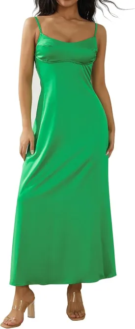Women Satin Midi Corset Cutout Dresses Elegant Cocktail Wedding Guest Spaghetti Strap Slip Dress with Slits