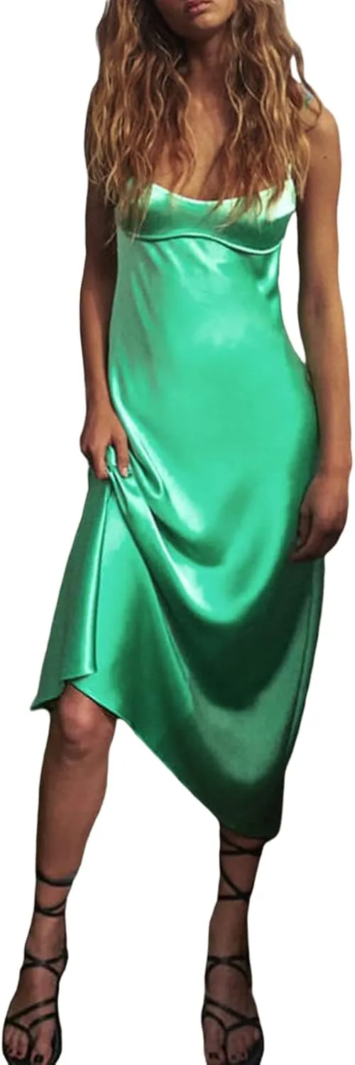 Women Satin Midi Corset Cutout Dresses Elegant Cocktail Wedding Guest Spaghetti Strap Slip Dress with Slits