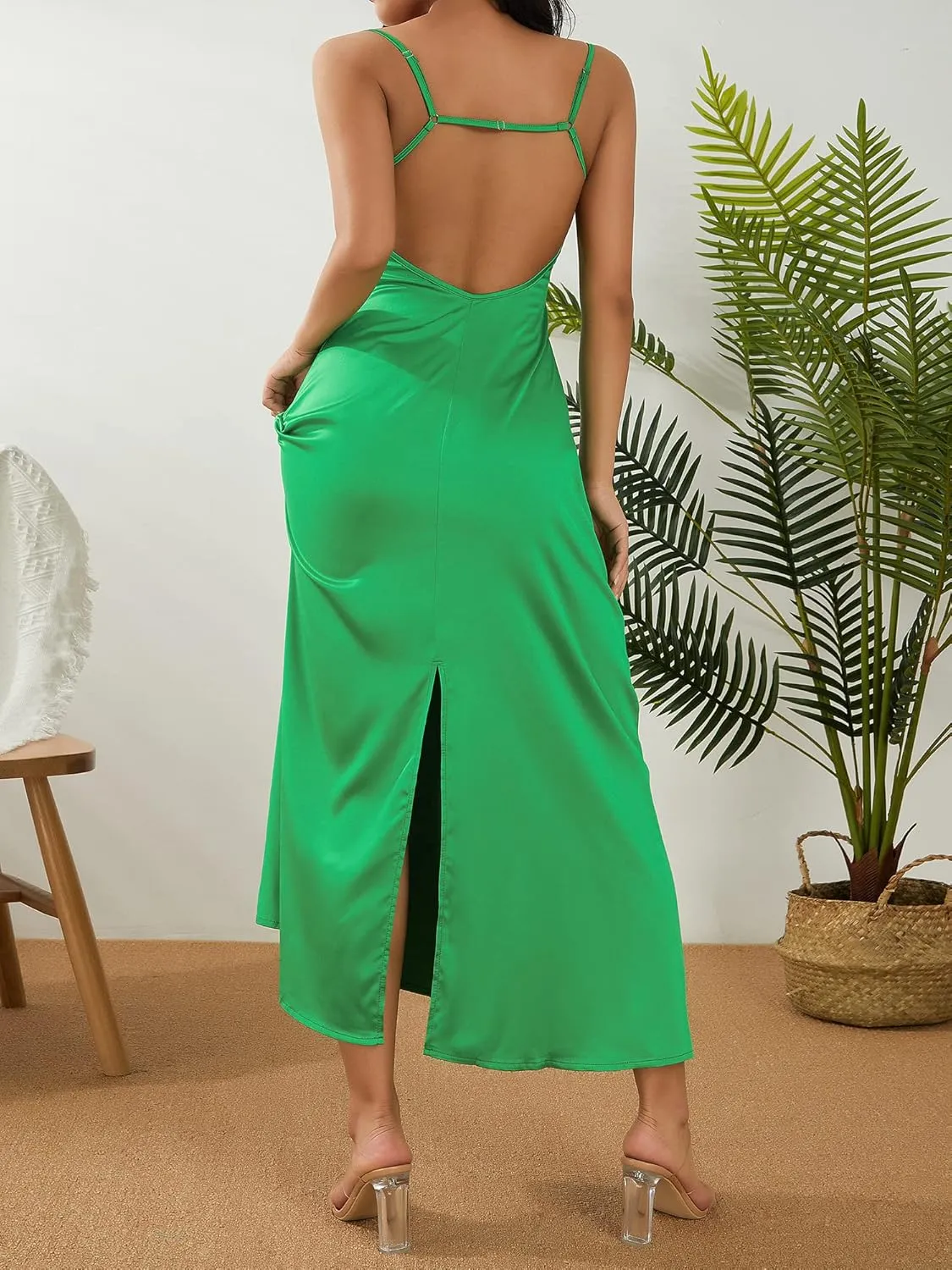 Women Satin Midi Corset Cutout Dresses Elegant Cocktail Wedding Guest Spaghetti Strap Slip Dress with Slits