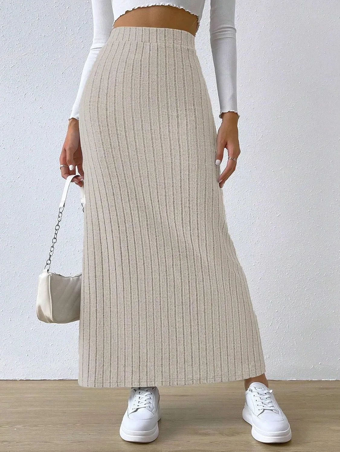 Women Slit Knit Stretchy Striped Maxi Skirts Slim Pencil High Waisted Casual Work Office Long Skirts