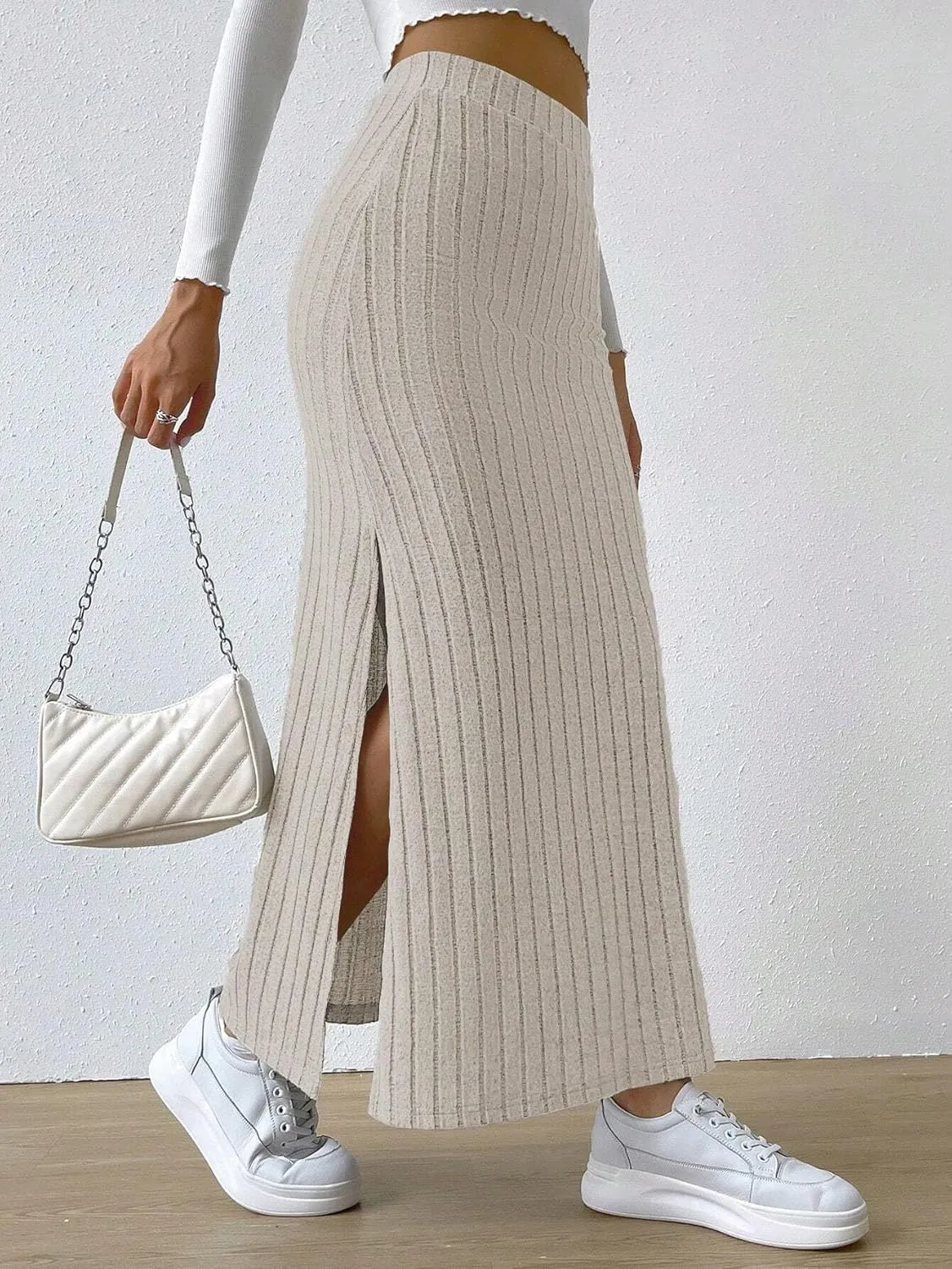 Women Slit Knit Stretchy Striped Maxi Skirts Slim Pencil High Waisted Casual Work Office Long Skirts