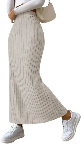 Women Slit Knit Stretchy Striped Maxi Skirts Slim Pencil High Waisted Casual Work Office Long Skirts