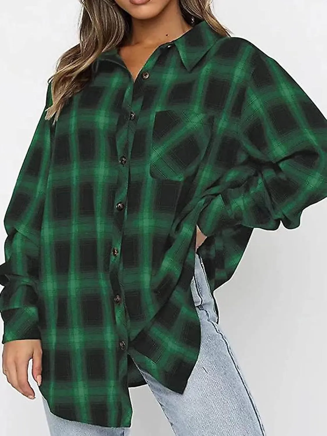 Womens Button Down Flannel Shirts Long Sleeve Plaid Shackets Business Casual Blouse Top