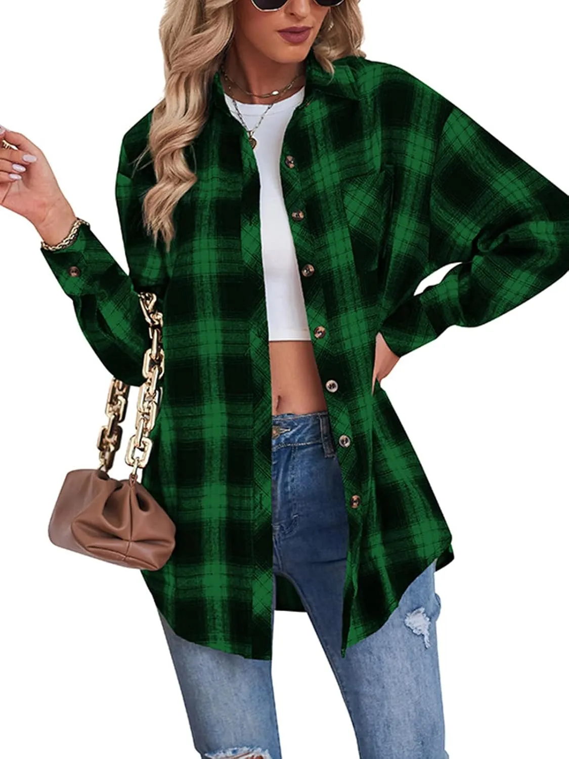 Womens Button Down Flannel Shirts Long Sleeve Plaid Shackets Business Casual Blouse Top