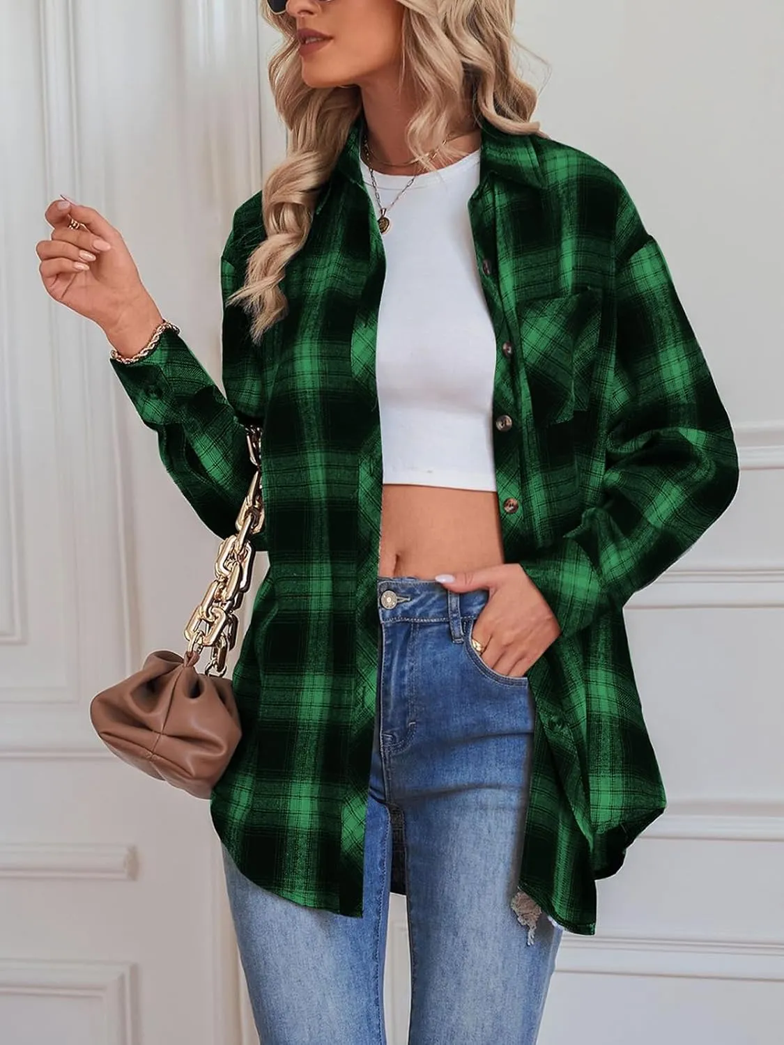 Womens Button Down Flannel Shirts Long Sleeve Plaid Shackets Business Casual Blouse Top