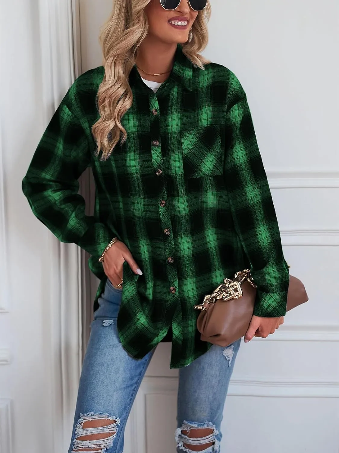 Womens Button Down Flannel Shirts Long Sleeve Plaid Shackets Business Casual Blouse Top