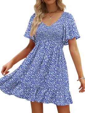 Womens Cute Floral Smocked V Neck Flutter Sleeve Sundress with Pockets Casual Spring Summer Dresses for Women 2025