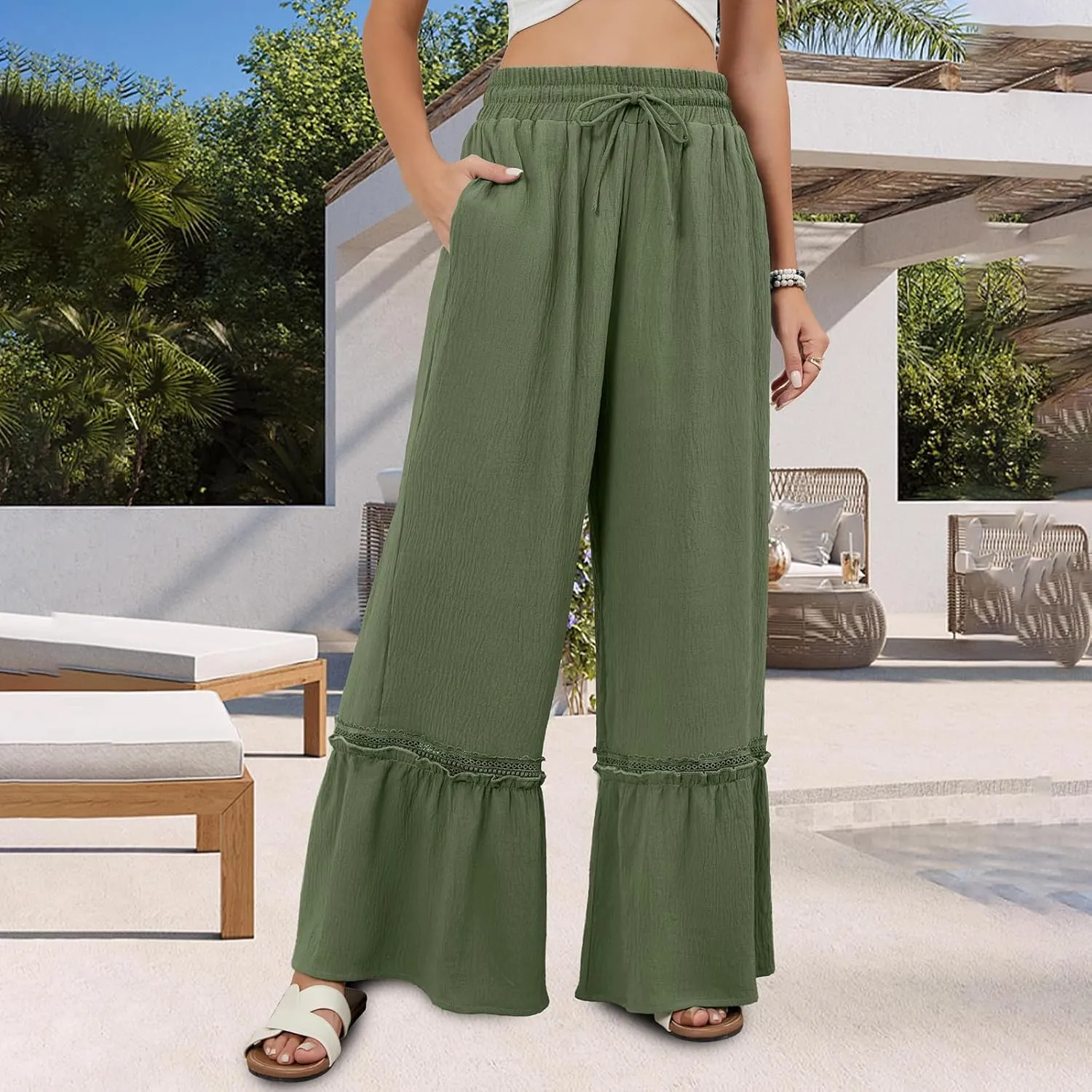Womens High Waisted Wide Leg Pants Palazzo Beach Trousers Lace Flowy Summer Outfits High Waisted Ruffle Hem Pant