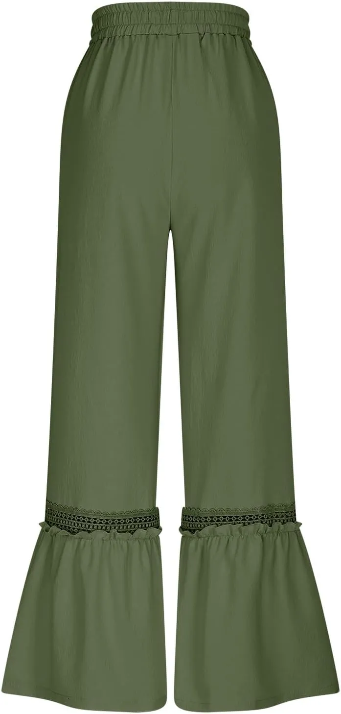 Womens High Waisted Wide Leg Pants Palazzo Beach Trousers Lace Flowy Summer Outfits High Waisted Ruffle Hem Pant