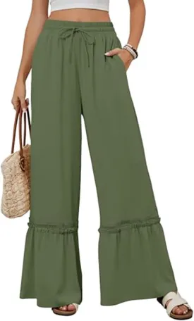 Womens High Waisted Wide Leg Pants Palazzo Beach Trousers Lace Flowy Summer Outfits High Waisted Ruffle Hem Pant
