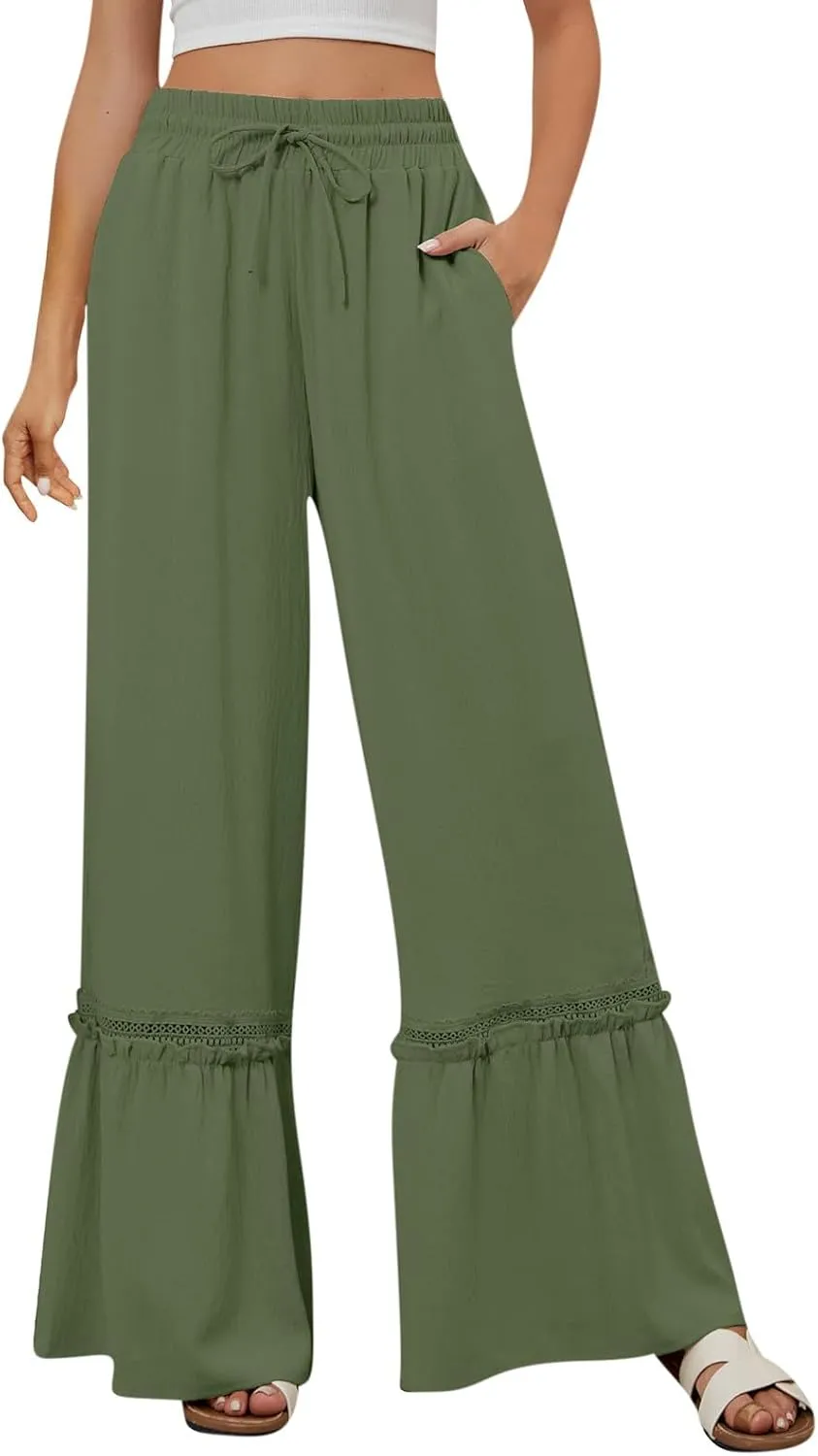 Womens High Waisted Wide Leg Pants Palazzo Beach Trousers Lace Flowy Summer Outfits High Waisted Ruffle Hem Pant