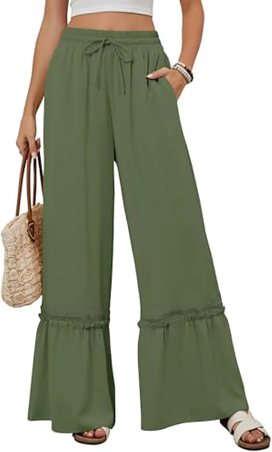 Womens High Waisted Wide Leg Pants Palazzo Beach Trousers Lace Flowy Summer Outfits High Waisted Ruffle Hem Pant