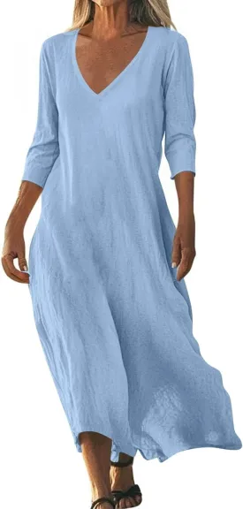 Womens Linen Dress Strapless 3/4 Sleeve Summer Casual Maxi Sundress Lightweight Loose Beach Dress Breathable Cool