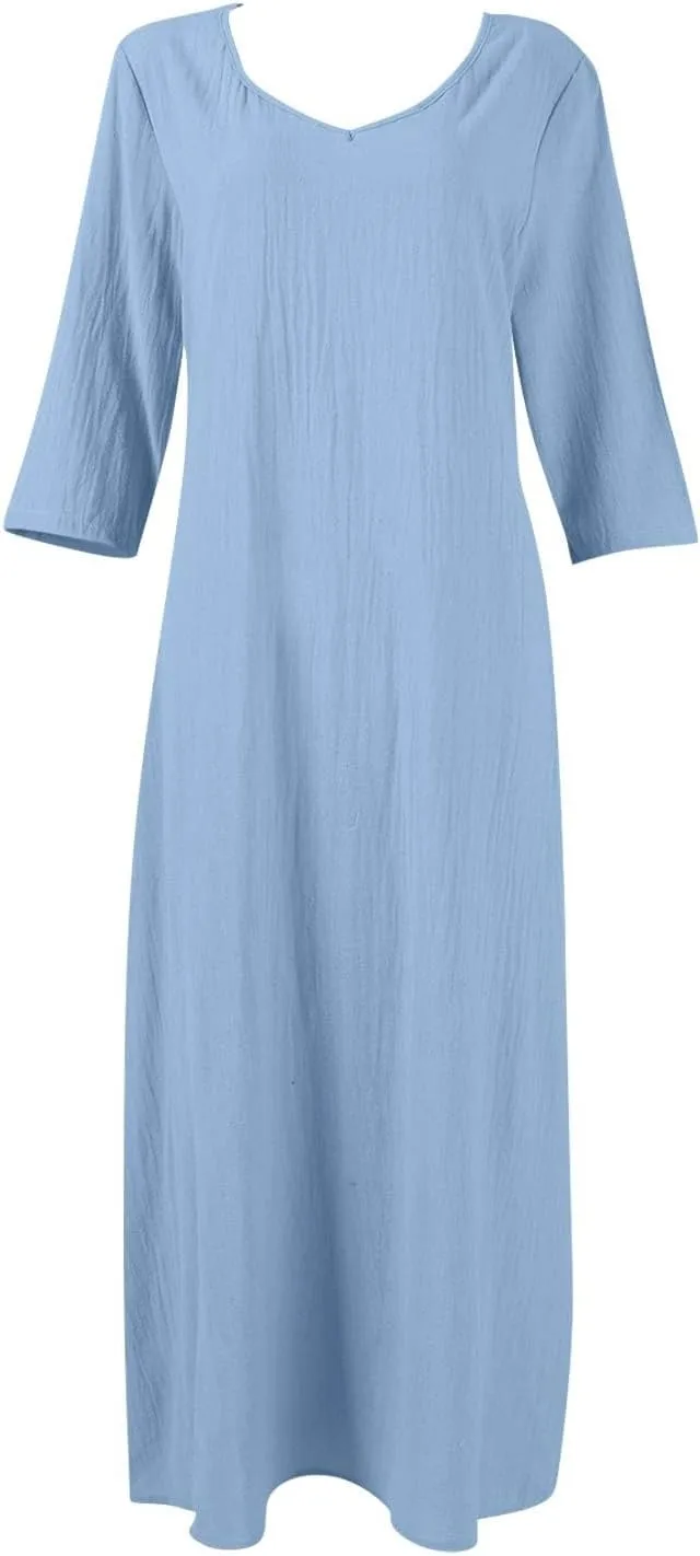 Womens Linen Dress Strapless 3/4 Sleeve Summer Casual Maxi Sundress Lightweight Loose Beach Dress Breathable Cool