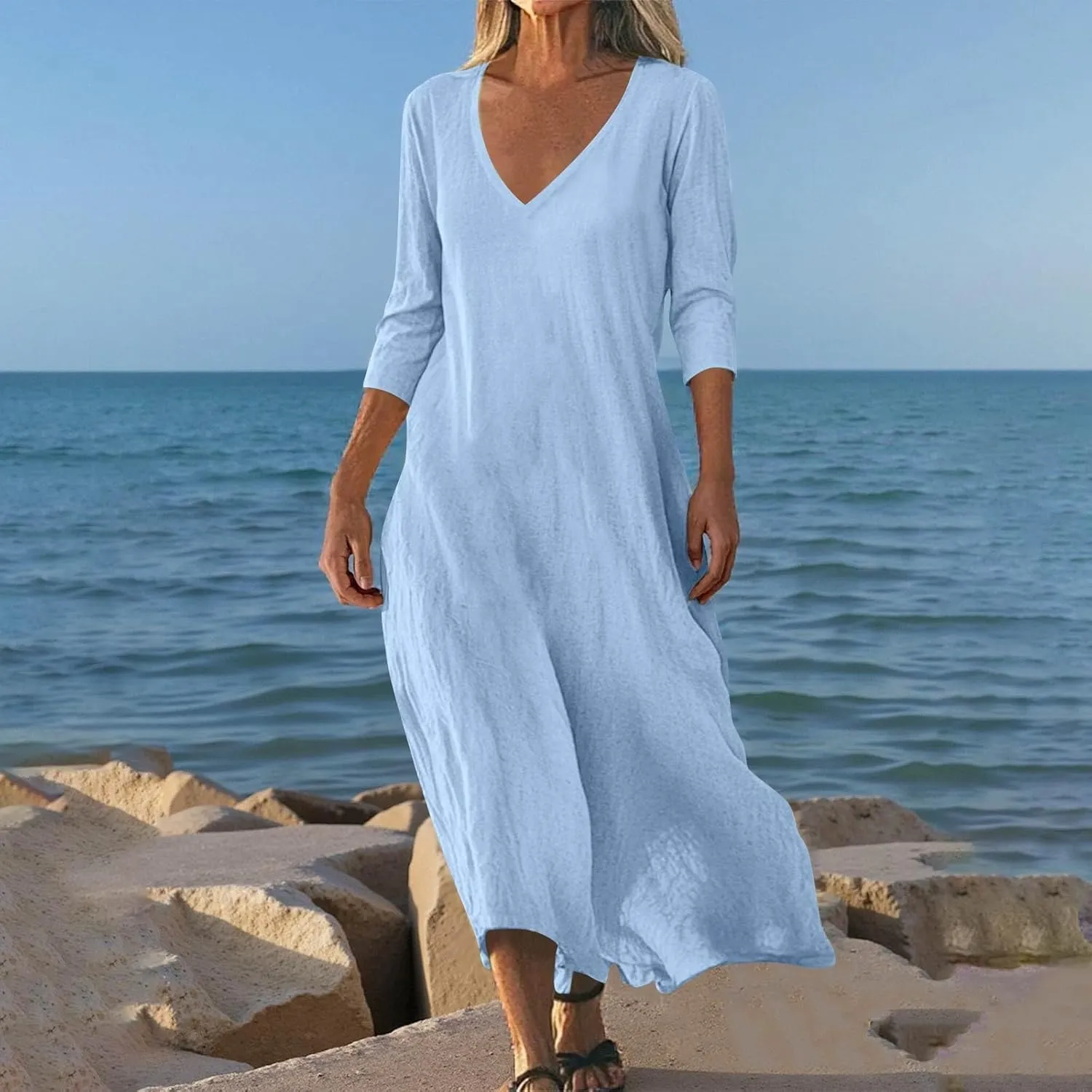 Womens Linen Dress Strapless 3/4 Sleeve Summer Casual Maxi Sundress Lightweight Loose Beach Dress Breathable Cool