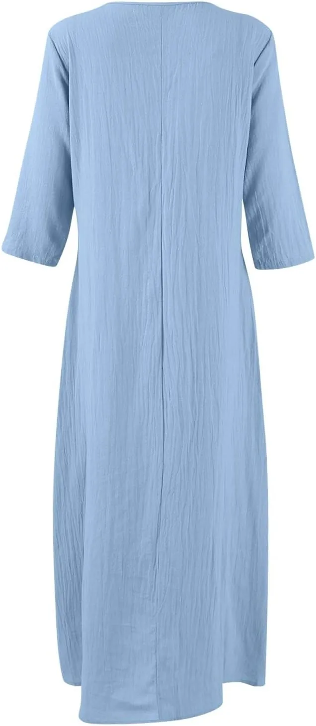 Womens Linen Dress Strapless 3/4 Sleeve Summer Casual Maxi Sundress Lightweight Loose Beach Dress Breathable Cool