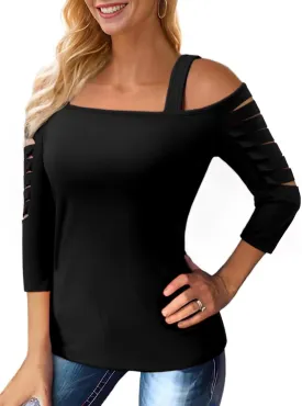 Womens Off Shoulder Tops Square Neck Hollowed Out Half Sleeve Ripped Cut Out Sexy Casual Summer Shirts Blouses