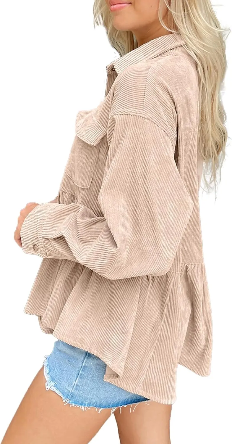 Women's Plaid Shirts Long Sleeves Button Down Peplum Babydoll Jacket Oversized Flannel Shirts Casual Pocket Blouses Tops