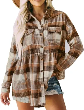 Women's Plaid Shirts Long Sleeves Button Down Peplum Babydoll Jacket Oversized Flannel Shirts Casual Pocket Blouses Tops