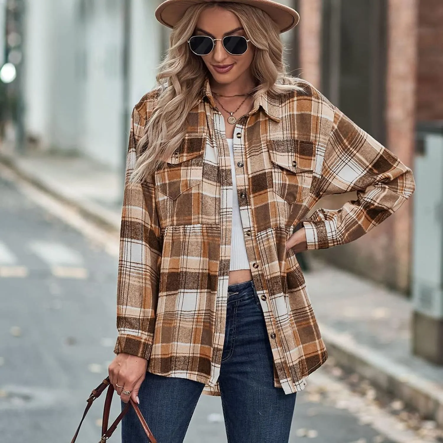 Women's Plaid Shirts Long Sleeves Button Down Peplum Babydoll Jacket Oversized Flannel Shirts Casual Pocket Blouses Tops