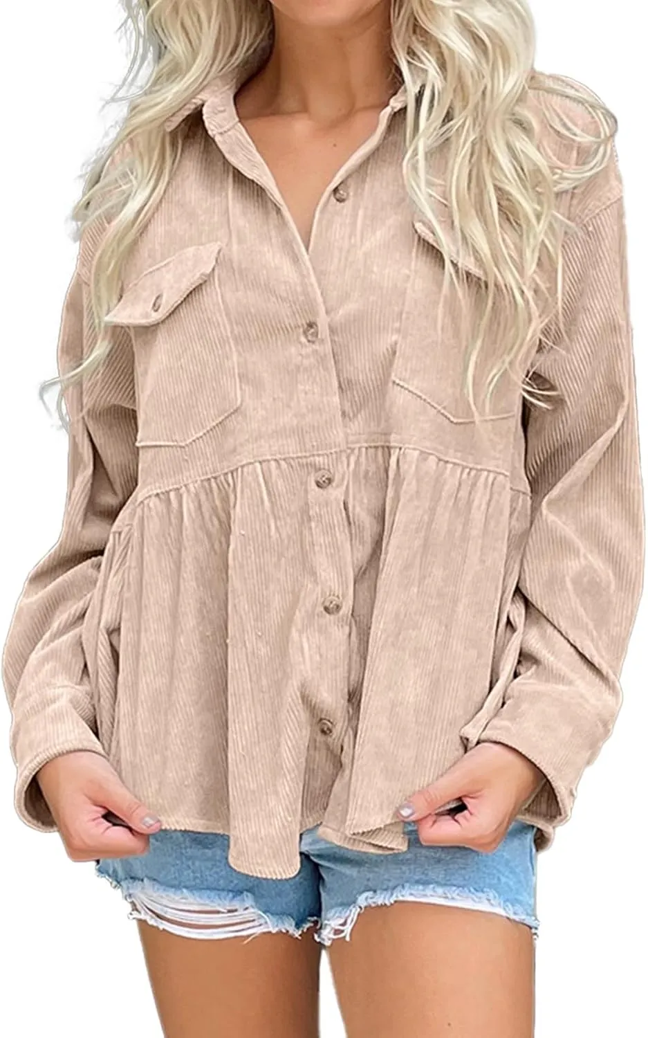 Women's Plaid Shirts Long Sleeves Button Down Peplum Babydoll Jacket Oversized Flannel Shirts Casual Pocket Blouses Tops