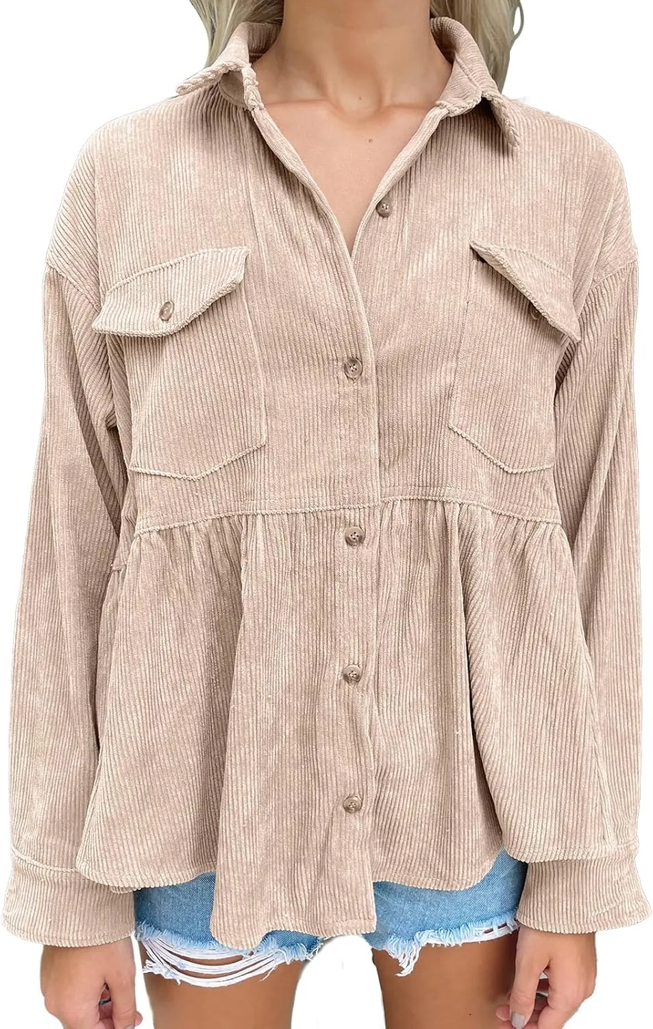 Women's Plaid Shirts Long Sleeves Button Down Peplum Babydoll Jacket Oversized Flannel Shirts Casual Pocket Blouses Tops