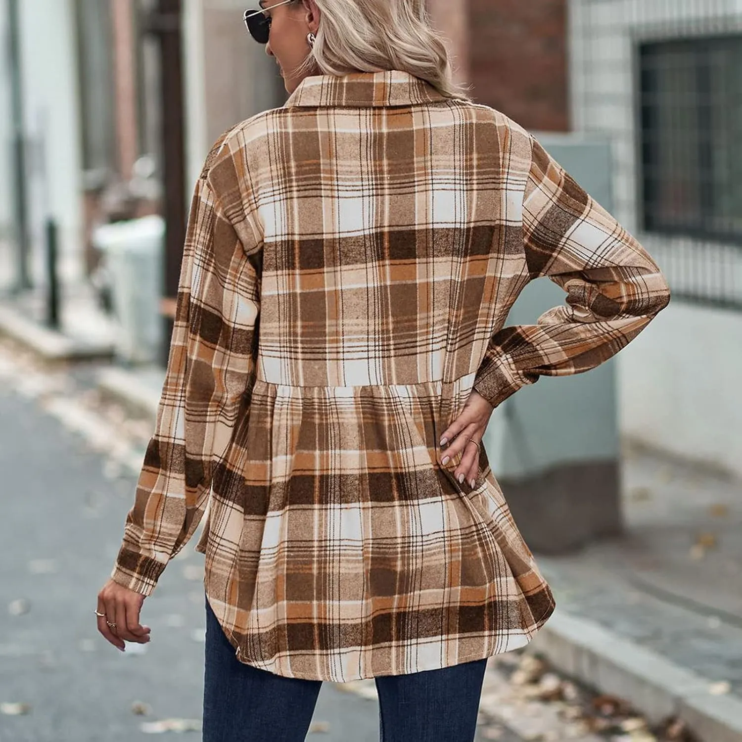 Women's Plaid Shirts Long Sleeves Button Down Peplum Babydoll Jacket Oversized Flannel Shirts Casual Pocket Blouses Tops