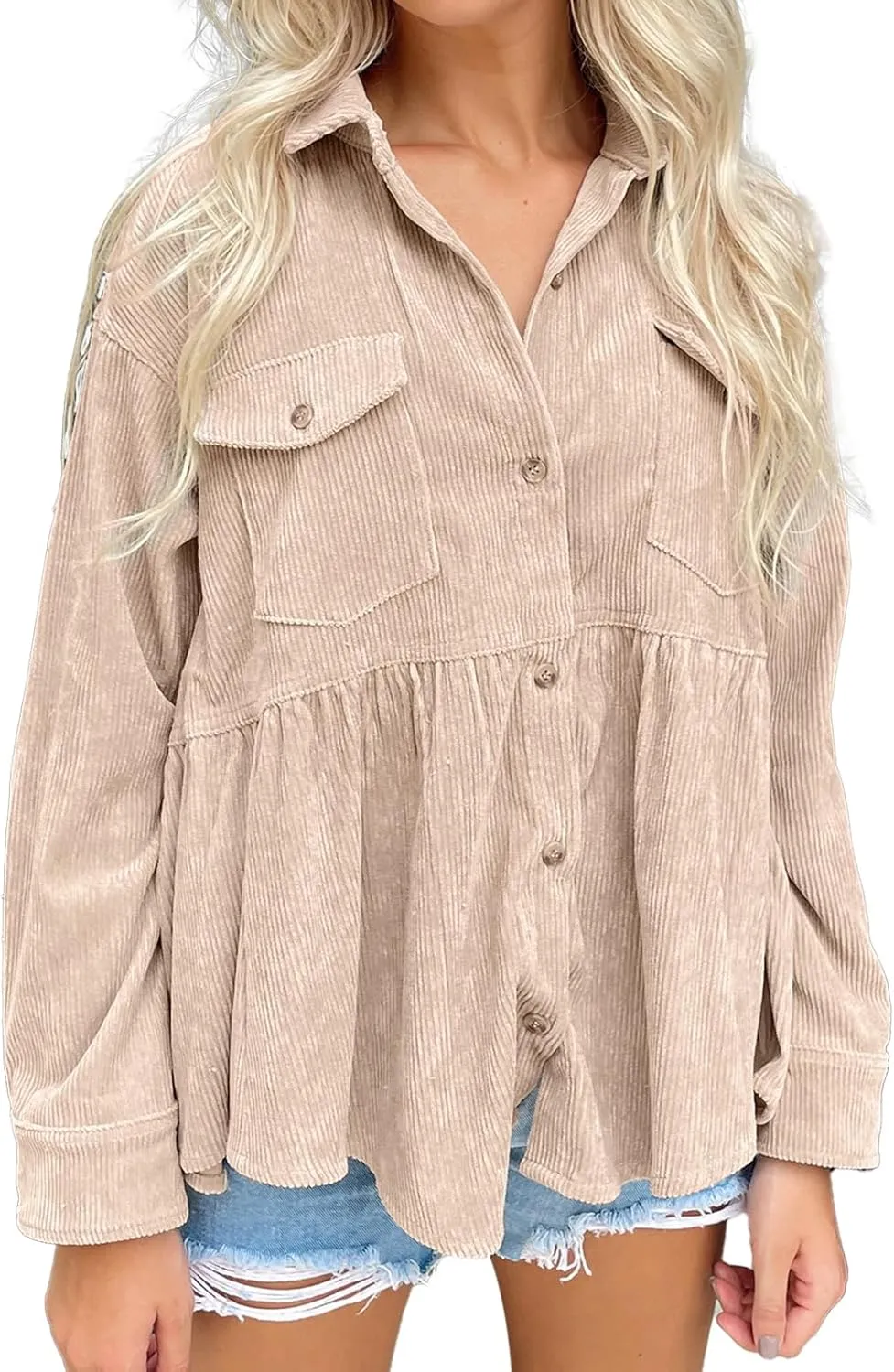 Women's Plaid Shirts Long Sleeves Button Down Peplum Babydoll Jacket Oversized Flannel Shirts Casual Pocket Blouses Tops