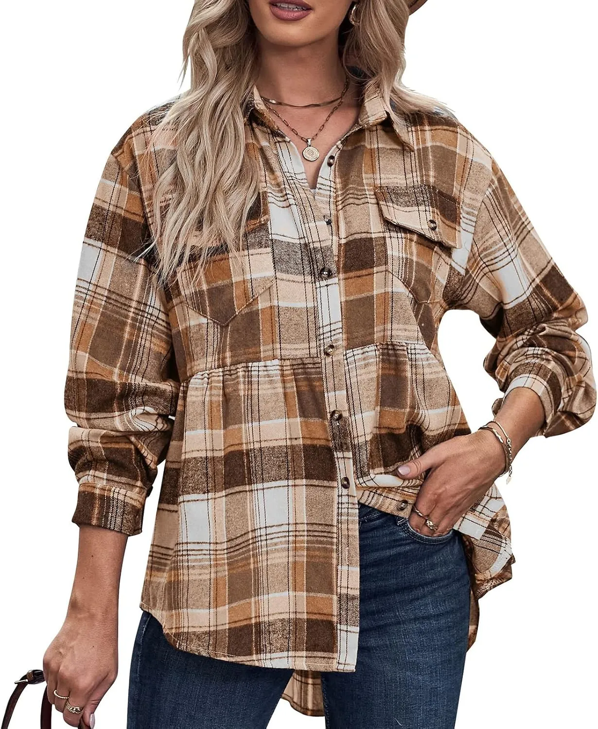 Women's Plaid Shirts Long Sleeves Button Down Peplum Babydoll Jacket Oversized Flannel Shirts Casual Pocket Blouses Tops
