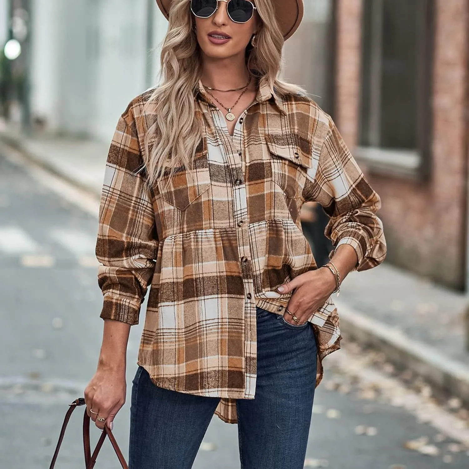Women's Plaid Shirts Long Sleeves Button Down Peplum Babydoll Jacket Oversized Flannel Shirts Casual Pocket Blouses Tops