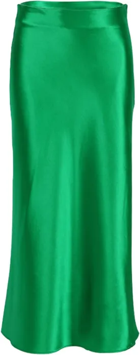 Womens Satin Midi Skirts Summer Elastic High Waisted Hip Silky Skirt Fashion Casual Solid Color A Line Midi Skirts