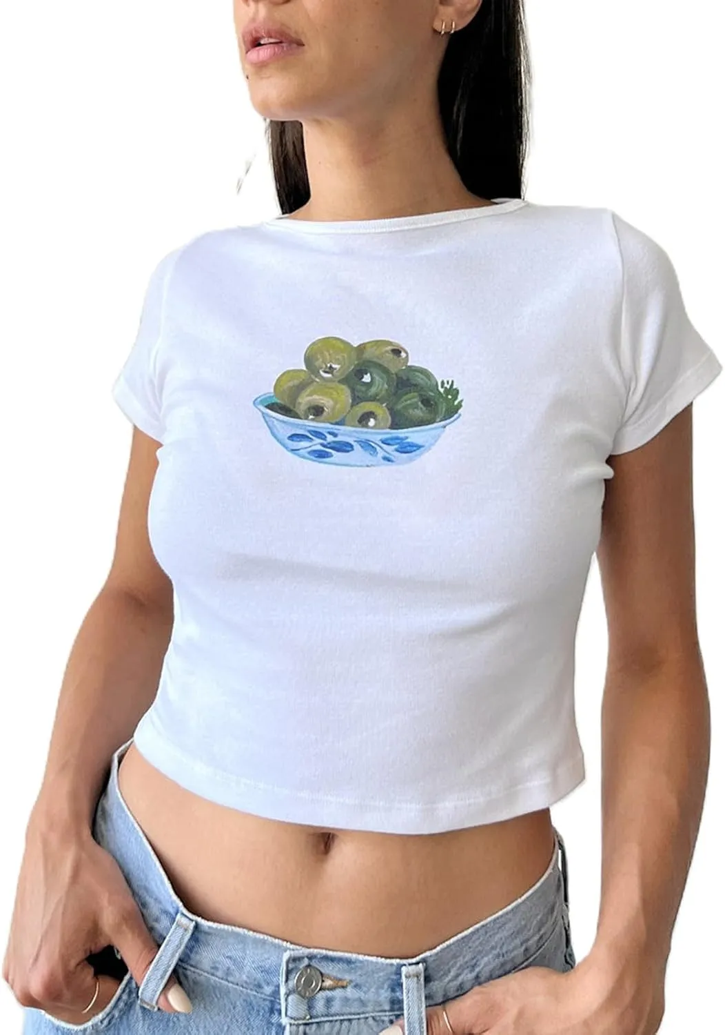 Women's Short Sleeve Y2K Baby Tees E-Girls Cute Graphic Print Crop Tops Slim Fit T Shirts Retro Vintage Aesthetic