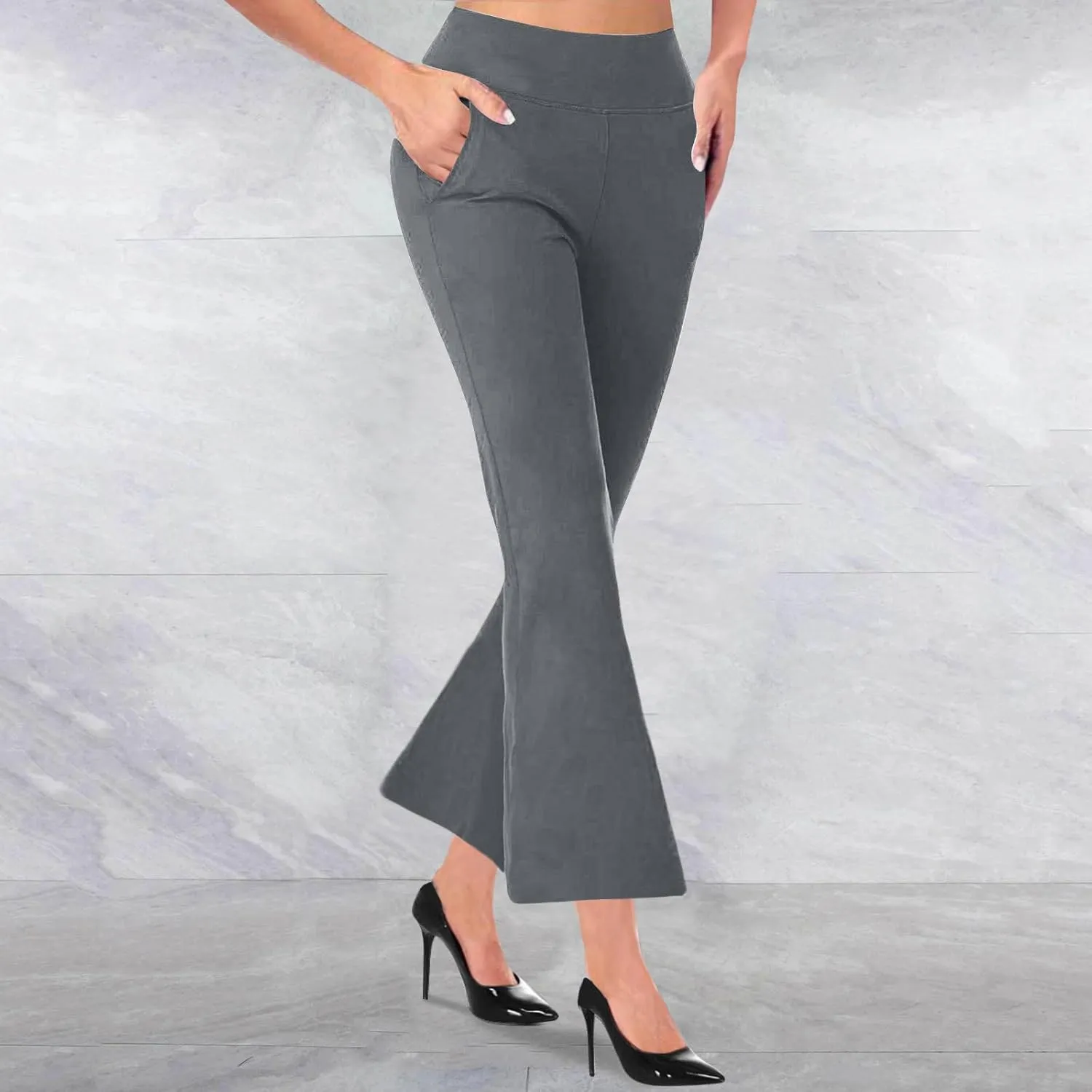 Womens Stretch Bootcut Dress Pants Solid Elastic Waist Pockets Casual Flare Trousers Workout Business Work Suit Pant