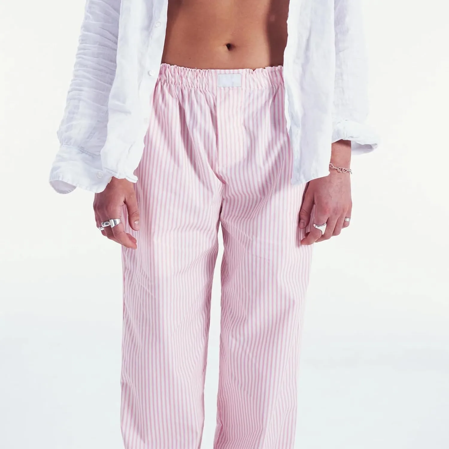Women's Stripe Pajama Pants Y2K Elastic High Waisted Wide Leg Pants Loose Lounge Sleep Pants Trousers with Pockets